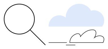 Yumuşak bulutlara yönelik büyüteç, keşif, yenilik, araştırma ve büyümeyi çağrıştırıyor. Analiz, veri depolama, dijital güvenlik merakı keşfi, gelecek vizyon için ideal. Basit.