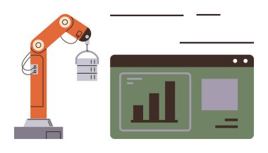 Robotik kol veri depolama ünitesi analitik gösterge paneli ve ölçü tablosunun yanında. Otomasyon, teknoloji, robotik, veri analizi, imalat, yazılım geliştirme, süreç için ideal