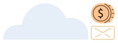 Bulutların depolanması, finansal tasarruflar, e-posta, veri paylaşımı, dijital güvenlik, çevrimiçi hizmetler ve verimli iletişimi temsil eden basit madeni para ve zarf içeren bulut. Teknoloji tasarrufu için ideal