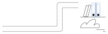 Kitaplar ve klasörler asgari yol şekilli bir çizgi ve bulut çiziminin yanında bir rafta duruyor. Eğitim, öğrenim, organizasyon, yaratıcılık, minimalizm, planlama, basit iniş sayfası