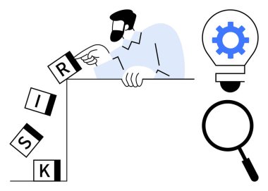 RISK 'i heceleyen harf blokları basan adam yanında vites konsepti olan büyüteç ve ampul kullanıyor. İş stratejisi, risk analizi, karar verme, planlama, yenilik için ideal