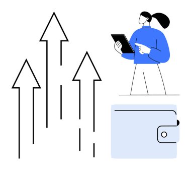 Yukarı bakan oklar, cüzdan simgesi, tabletli profesyonel. Finans, iş büyümesi, teknoloji, mali planlama, yatırım stratejisi, kariyer geliştirme için ideal