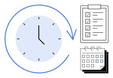 Zamanı simgeleyen oklu bir saat, görev takibi için kontrol listesi ve zaman düzenleme için bir takvim. Üretkenlik, planlama, teslim tarihleri, verimlilik, hedef rutin organizasyon için idealdir. A