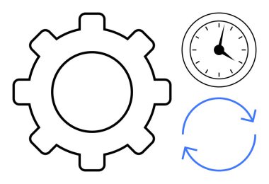 İşlem için vites sembolü, zaman takibi için saat, döngü devamlılığı için oklar. Üretkenlik, verimlilik, programlama, stratejik planlama, otomasyon ilerleme ekip çalışması için ideal. Basit düz