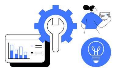 Anahtarlı vites, çubuklu çizelge, ampul ve tabletteki verileri yöneten kişi. Teknoloji, yenilik, verimlilik, veri analizi, problem çözen takım çalışması için ideal basit iniş sayfası
