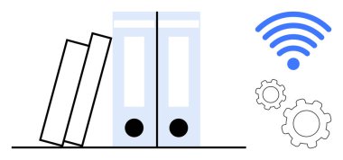 Dosya dizinleri ve yassı kitaplar organizasyon ve depolamayı temsil ediyor. Mavi kablosuz simge ve vites sembolleri dijital süreçleri ve bağlantıyı vurgular. Teknoloji, iş akışı, organizasyon ve öğrenim için ideal