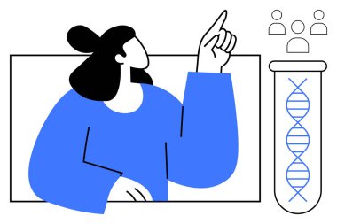 Kadın bilim adamı, DNA analizine odaklandığını belirtiyor. Test tüpü ve grup figürleriyle. Genetik, biyoteknoloji, araştırma, takım çalışması, eğitim, keşif ve yenilik için ideal. Çok basit.