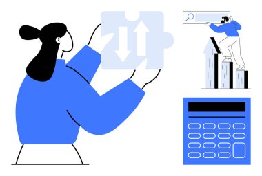 Elinde oklarla yapboz parçası tutan bir kadın, arama çubuğu ve hesap makinesi kullanan bir adam. Strateji, planlama, problem çözme, büyüme, takım çalışması iş organizasyonu için idealdir. Basit düz