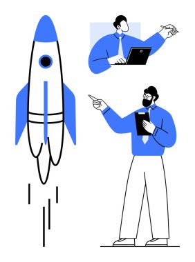 Roket, iş adamlarıyla birlikte yukarı doğru fırlatılıyor. Tartışıyorlar ve problem çözüyorlar. İş stratejisi, takım çalışması, girişim, yenilik, başarı, planlama, büyüme için ideal. Düz basit