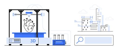 3D yazıcı bir insan kalbi modeli, vinçleri ve binaları olan şehir manzarası ve büyüteç arama çubuğu yaratıyor. Teknoloji, yenilik, sağlık, araştırma, mimari ve şehir için ideal