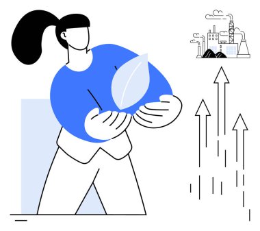 Elinde sürdürülebilirliği ve çevresel bakımı sembolize eden bir yaprak tutan kadın, fabrikalar ve yukarı bakan oklar endüstriyel büyüme ve ilerlemeyi gösteriyor. Sürdürülebilirlik ve yenilik için ideal