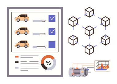 İlerleme çubukları, engelleme ağı şeması, motor diyagramı ve analitik çizelgesi ile araç kontrol listesi arayüzü. Teknoloji, otomasyon, yapay zeka, veri analizi için ideal. Basit.
