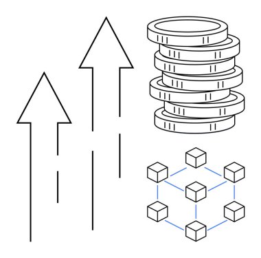 Büyümeyi gösteren oklar, servetin sembolü olan bozuk paralar ve ademi merkeziyeti gösteren engelleme ağı küpleri. Finans, kripto para birimi, büyüme eğilimi, fintech, yatırım, teknoloji için ideal