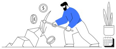 Kazma kullanarak kayalardan para toplayan bir adam, saksı bitkileri ve bir takvimle birlikte. Finans, yatırım, dijital para birimi, girişimcilik, zenginlik yaratmak için ideal