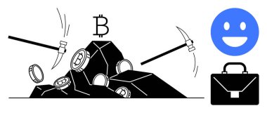 Kazmalar kayalardan kripto para çıkartıyor, Bitcoin sembolü yukarıda. Mutlu yüz ve iş çantası. Finans, teknoloji, madencilik, yenilik, başarı, yatırımlar için ideal dijital