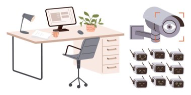 Çalışma alanı bir masa, bilgisayar, sandalye, lamba, bitki, kahve fincanı, güvenlik kamerası ve robot simgeleriyle kurulmuş. Teknoloji için ideal yapay zeka güvenlik gizliliği çalışma alanı ofis yeniliği. Basit düz