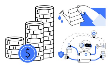 Elle sulanan madeni paralar, otomasyon ve teknoloji için ikonları olan robotlar, refah için büyüme sembolleri. Finans, teknoloji, iş, yenilik, yapay zeka yatırım otomasyonu için idealdir. Minimalist