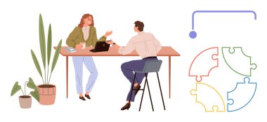 İki iş arkadaşı bir masada dizüstü bilgisayar, kitaplar ve bitkilerle fikirleri tartışıyor. Renkli bulmaca parçaları bağlantıyı, beyin fırtınasını ve çözümleri gösteriyor. İşbirliği ve takım çalışması için ideal