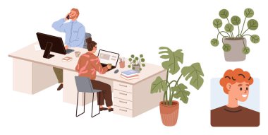 Bilgisayarlar üzerinde çalışan, saksı bitkileriyle çevrili ortak bir masadaki iki meslektaşım. Bir kişinin portresi. Takım çalışması, işyeri kültürü, üretkenlik, uzaktan çalışma, iç dekorasyon için ideal