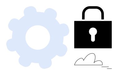 Minimalist teçhizat, asma kilit ve bulut birlikte teknoloji, güvenlik ve veri depolamayı temsil ediyor. Kavram için idealdir Siber güvenlik, bulut depolama, koruma, teknoloji güvenlik gizlilik sistemi