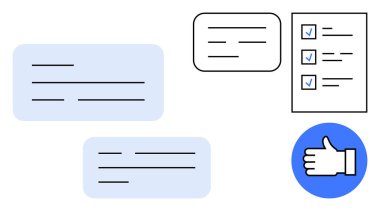 Konuşma baloncukları, kontrol işaretli kontrol listesi ve başparmak işaretli vurgulama geribildirimi, işbirliği ve görev tamamlama. Üretkenlik, organizasyon, takım çalışması, iletişim onayı için ideal