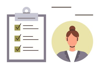 Tamamlanmış görevleri olan bir kontrol listesinin yanındaki kadın profesyonel. Organizasyon, planlama, üretkenlik, kariyer büyümesi, zaman yönetimi, hedef izleme, basit düz metafor