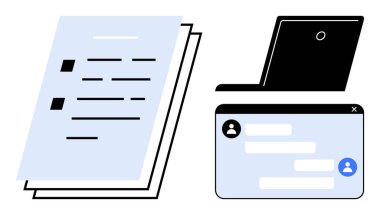 Kağıt üzerindeki belgeler, işe yarayan dizüstü bilgisayarlar ve kullanıcı simgeleriyle çevrimiçi sohbet pencereleri. Uzak çalışma, işbirliği, verimlilik, iletişim, eğitim, takım çalışması için ideal basit iniş sayfası