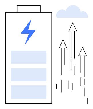 Mavi yıldırımlı bir pil, yükselen oklar ve enerji büyümesini, çevre dostu geçişi veya teknolojik gelişimi gösteren bir bulut. Sürdürülebilirlik, enerji, yenilik ve yeşil teknoloji için ideal