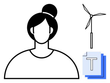 Bun saç stili, rüzgar türbini, sürdürülebilirliği, enerji çözümlerini, yeniliği simgeleyen dokümanlar. Çevre konuları, işgücü, yenilenebilir enerji, yeşil işler, temiz teknoloji için ideal