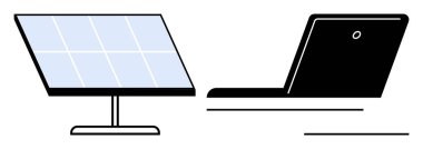 Güneş paneli ve dizüstü bilgisayar yenilenebilir enerji, sürdürülebilirlik ve modern dijital araçları sembolize ediyor. Teknoloji için ideal, uzak çalışma, enerji korunumu, sürdürülebilirlik, yenilik