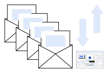 Veri paylaşımını simgeleyen dosyaları içeren zarflar olarak gösterilen e- postalar. Analitik gösterge paneli içgörü ve rapor üretimini tasvir eder. İletişim, veri transferi, takım çalışması, uzaktan çalışma ve pazarlama için ideal