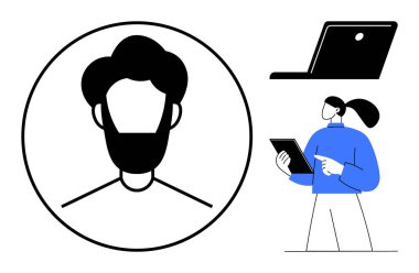 Daire şeklinde basit bir avatar, stilize dizüstü bilgisayar ve tablet tutan bir birey. Teknoloji, iş dünyası, takım çalışması, profesyonel ağ oluşturma, çevrimiçi profiller, dijital kimlik sade iniş için ideal