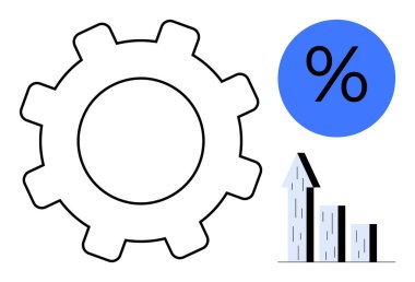 Vites tasarımı, yüzde işareti, ve yukarı doğru ölçü grafiği büyümeyi, verimliliği ve gelişmeyi görselleştiriyor. İş analizleri, performans takibi, finans, optimizasyon stratejisi süreci için ideal