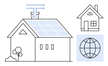 Güneş panelleri, havalandırma sistemi ve çevreleyen yeşillikler temiz enerjiyi ve eko-yaşamı vurguluyor. Yenilenebilir enerji, sürdürülebilirlik, yeşil teknoloji, eko-evler, çevre için ideal