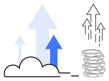 Yükselen oklarla bulut büyümeyi simgeler, madeni paraların yanında zenginliği temsil eder. Ticari büyüme için ideal, finansal başarı, bulut teknolojisi, yenilik, gelir, strateji, basit düz metafor