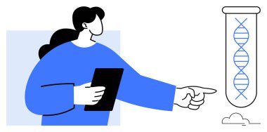 Araştırmacı DNA sarmalını test tüpünde inceleyerek bulguları ya da verileri tartışıyor. Bilim, genetik, tıbbi araştırma, yenilik, biyoloji, eğitim, biyoteknoloji için ideal. Basit düz metafor.