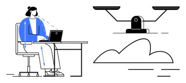 Ergonomik duruşu olan dizüstü bilgisayarda çalışan kişi iş-yaşam dengesini sembolize ediyor. Üretkenlik, sağlık, denge, refah, iş kültürü, uzaktan çalışma, basit daire için ideal
