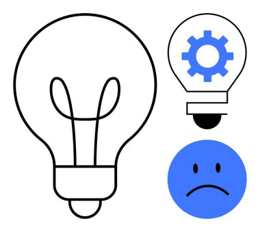 Büyük ampul ana hatları, teçhizatlı küçük ampul ve üzgün yüz zorlukları, yenilikleri, çözümleri ve beyin fırtınasını temsil ediyor. Yaratıcılık, problem çözme, fikir yetersizliği, üretkenlik için ideal