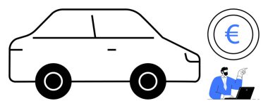 Minimum otomobil taslağı, para birimini öneren avro sikkesi ve dizüstü bilgisayar kullanan analist, finans, hareketlilik ve veri bağlama. Otomotiv, ekonomi, yatırım analizi danışmanlık maliyeti için ideal
