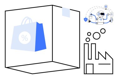 İndirimli alışveriş torbası, yapay zeka robot otomatikleştirme görevleri üretimi temsil eden fabrika ikonu. İş, perakende, teknoloji, yenilik, verimlilik imalat e-ticaret için idealdir. Basit düz