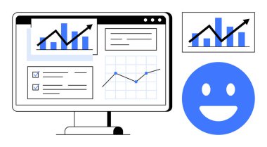 Analitik grafikler, yukarı doğru ok ve kontrol listesi olan bir monitör. Mavi gülen surat başarıyı ön plana çıkarıyor. Veri analizi, iş büyümesi, geri bildirim, izleme süreci, başarı UX sade iniş için ideal