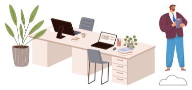 Dizüstü bilgisayarlı çift kişilik masalar, ofis aletleri, bir bitki ve koltuk. Profesyonel adam elinde tabletle ayakta duruyor. İş yeri, işbirliği, üretkenlik, uzak çalışma yönetimi modern tasarım için ideal