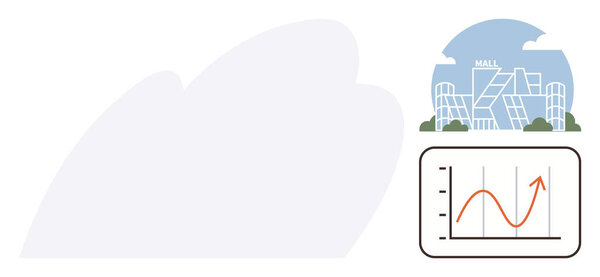 Современный торговый центр снаружи с смелым архитектурным дизайном рядом с графиком, показывающим тенденции роста бизнеса. Идеально подходит для розничной торговли, маркетинга, эффективности продаж, городского развития, торговли, финансов