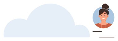 Mavi bulut, ayrıntıları olan kadın avatarın yanında. Bulut hesaplama, profil oluşturma, sosyal medya, kişiselleştirme, veri depolama, ağ oluşturma, iletişim için ideal. Basit düz metafor