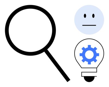 Büyüteç arayışı temsil eder, nötr yüz objektifliği ifade eder, ve ampuldeki dişli dişli de yeniliği. Araştırma, analiz, beyin fırtınası, üretkenlik, teknoloji, yaratıcılık artışı için ideal