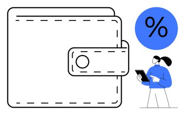 Kopçalı büyük bir cüzdan, mavi yüzdelik daire, tablet kullanan biri. Tasarruf, finans, bütçe, nakit para, perakende promosyonlar, dijital ödemeler için ideal