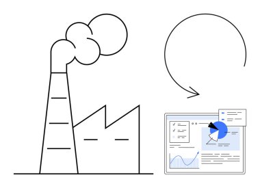 Duman emisyonlu fabrika, grafikli, grafikli ve geri dönüşüm oklu dijital panel. Sürdürülebilirlik, endüstriyel izleme, çevresel etki, veri analizi, eko-çözümler için ideal