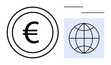 Uluslararası ekonomi, ticaret, küresel finans veya dijital işlemlerin vurgulandığı yuvarlak bir çerçevenin yanında avro işareti. Finans, bankacılık, küresel döviz, para birimi için ideal