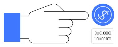 El hareketi, dolar işareti ve ikili kodlu dairesel dijital para birimi simgesine dikkat çekiyor. Fintech konuları, kripto para birimi, dijital ödeme, finans, teknoloji, engelleme zinciri, minimalizm için ideal