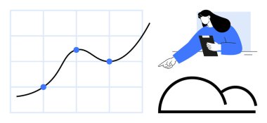 Yükselen eğilimi gösteren çizgi grafiği, panoyu analiz eden kadın, soyut bulut çizgisi. Veri analizi, büyüme projeksiyonu, istatistik, iş stratejisi, takım çalışması, eğitim sade iniş sayfası için ideal